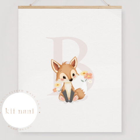Vosje met Bloemen & Initiaal - Kinderkamer Poster - Digitale Download