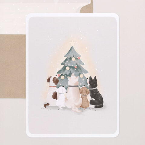Honden rond de Kerstboom - Illustratie voor Kerstkaart - Digitale Download