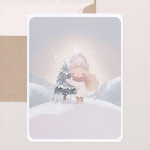 Meisje Knuffelt Kerstboom - Illustratie voor Kerstkaart - Digitale Download