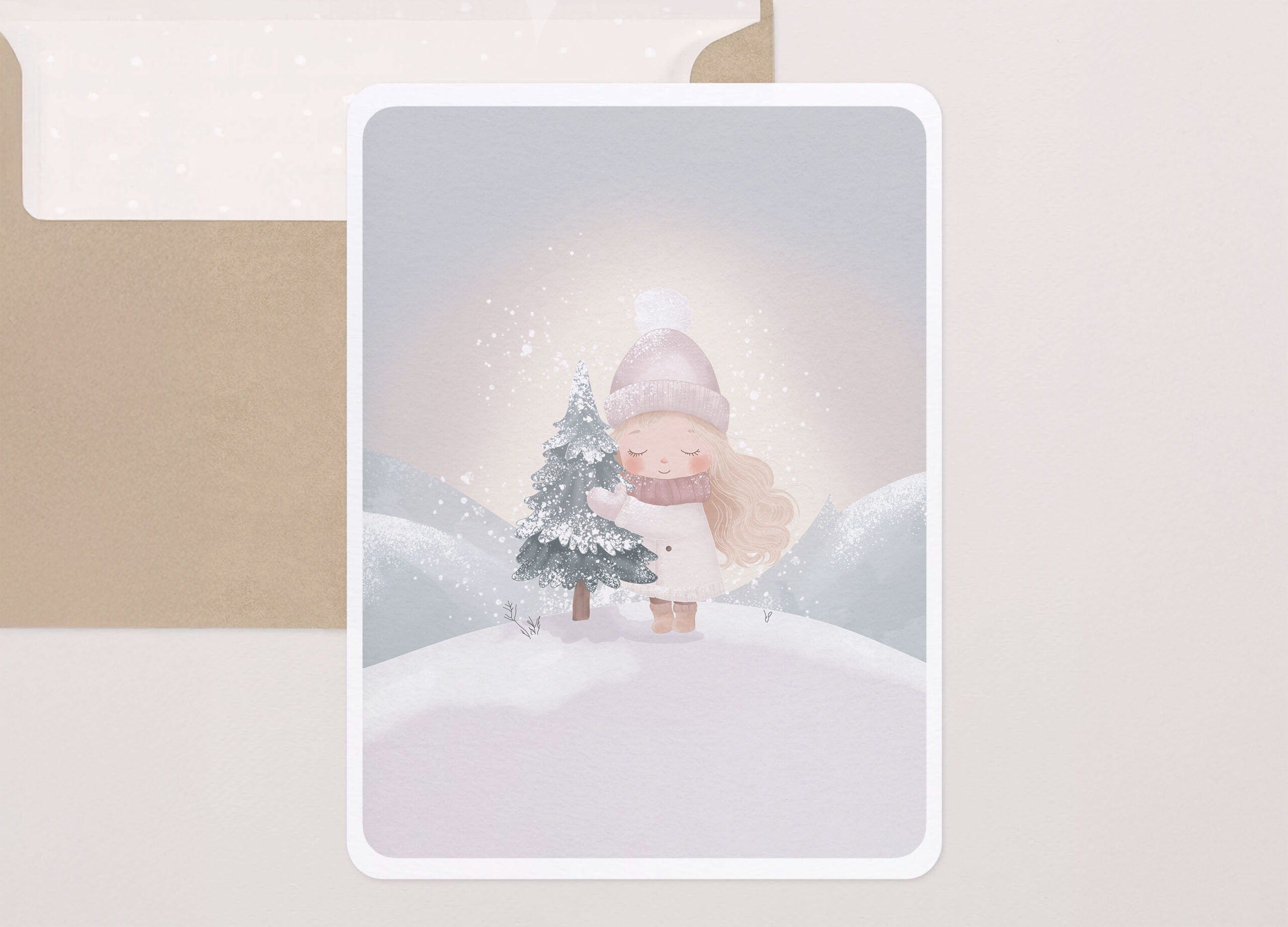Meisje Knuffelt Kerstboom - Illustratie voor Kerstkaart - Digitale Download